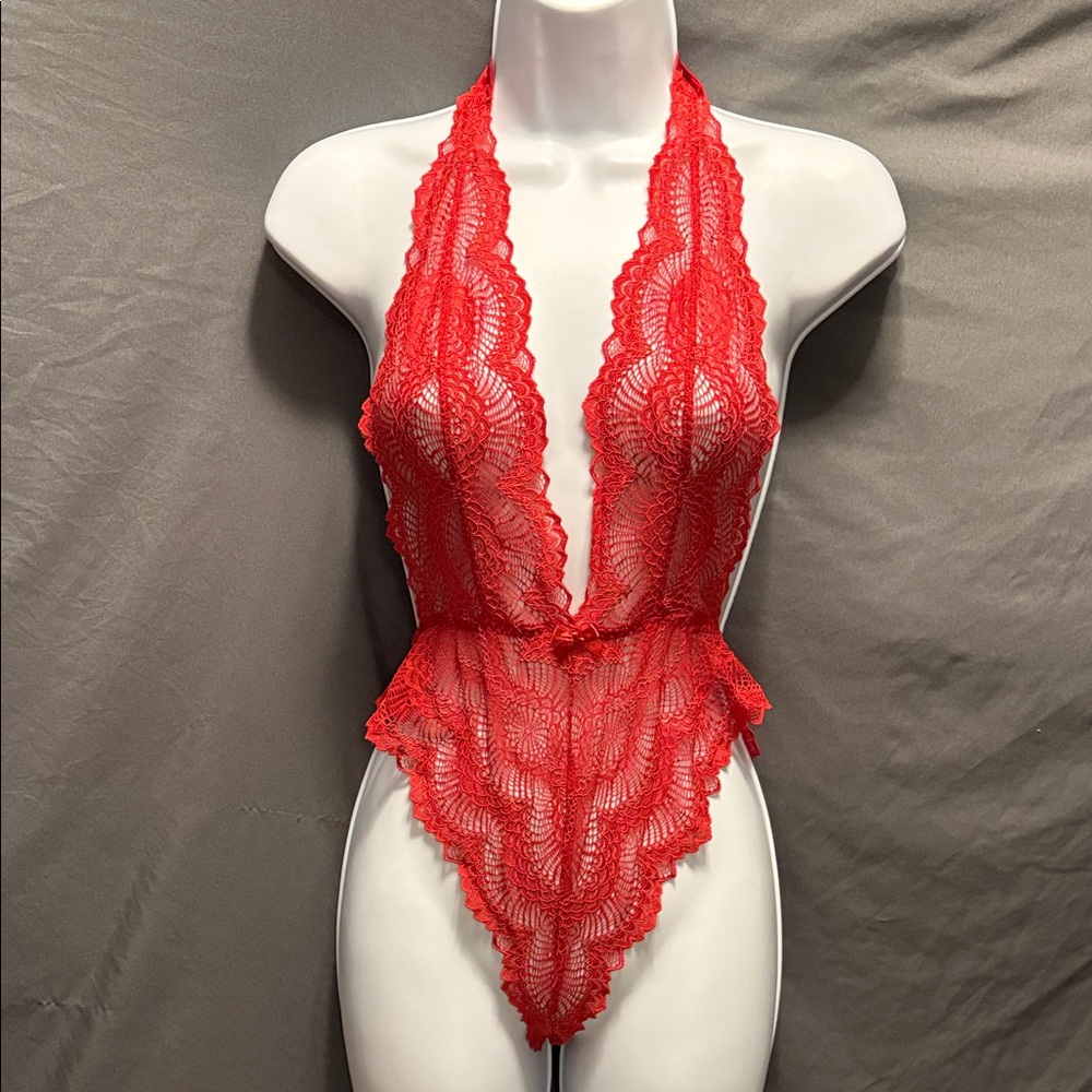Chic Red Lace Plunge Bodysuit